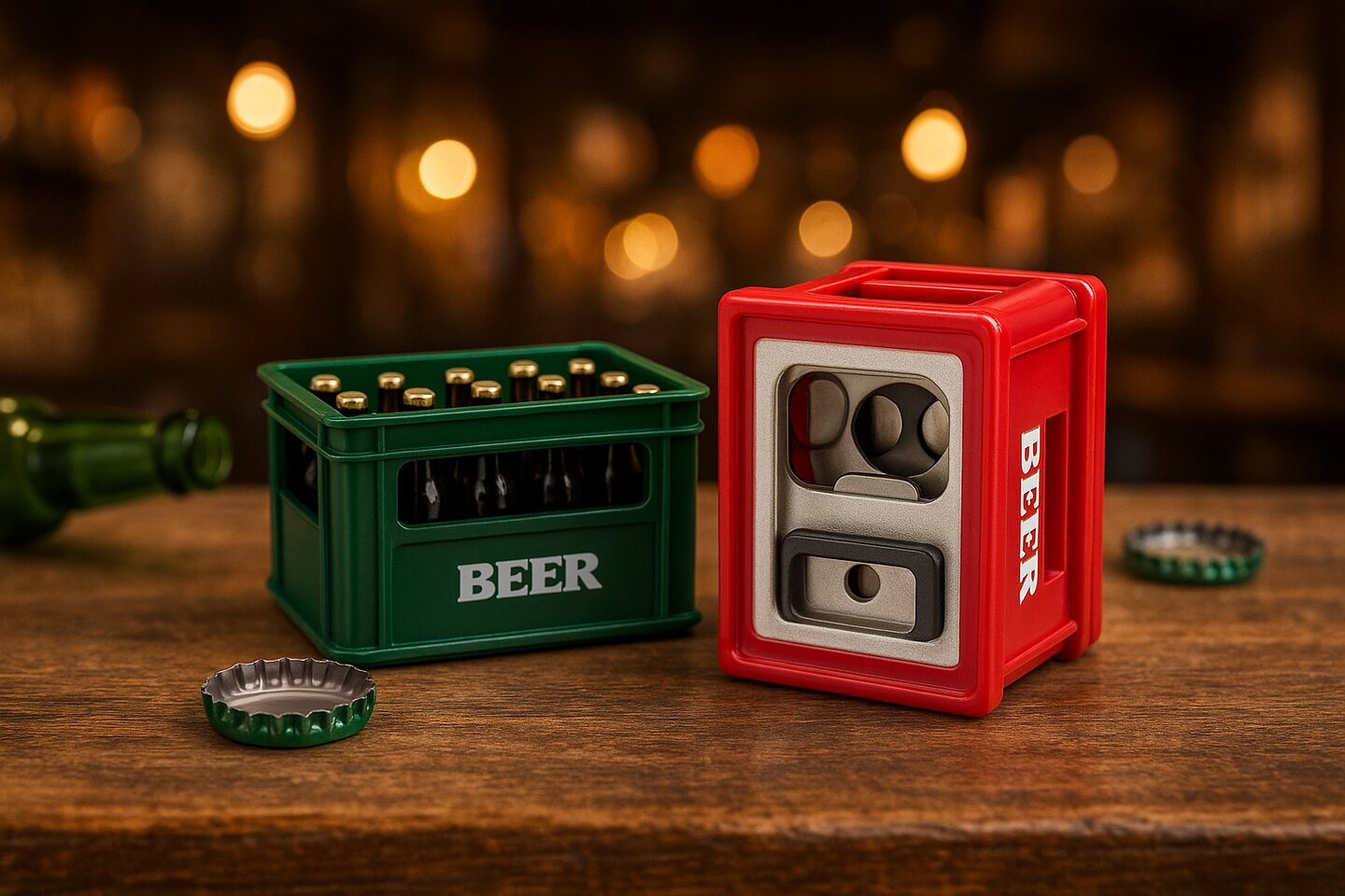 Flesopener in de vorm van een bierkrat met magneet